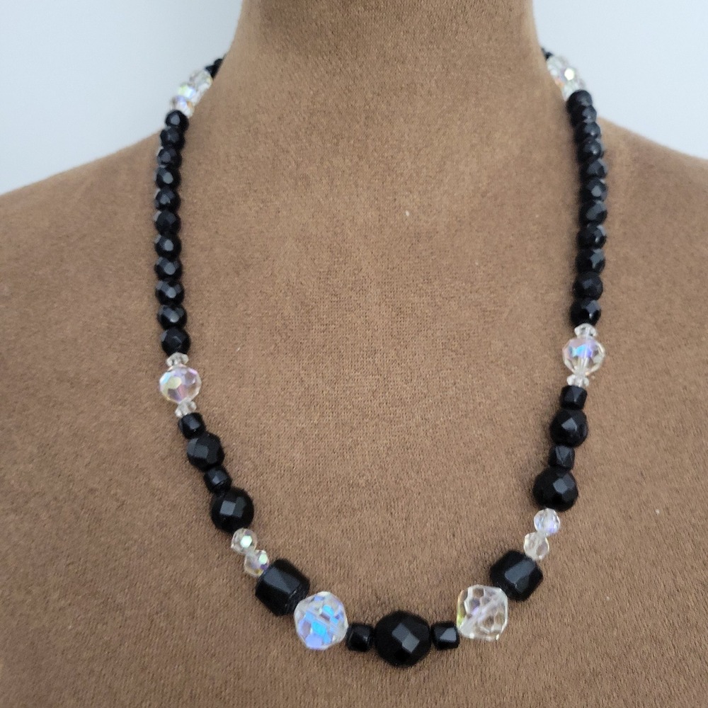 Laguna Vintage Black and Aurora Borealis Crystal Beaded Necklace 22 Inch Goth